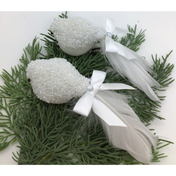 2 Songbirds White Glass Beaded Clip On Christmas Tree Ornaments Bright - Picture 7 of 8